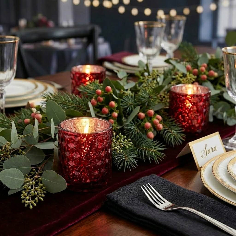 Red honeycomb votive holders with lit candle on festive greenery dinner table centerpiece - thumbnail number 5
