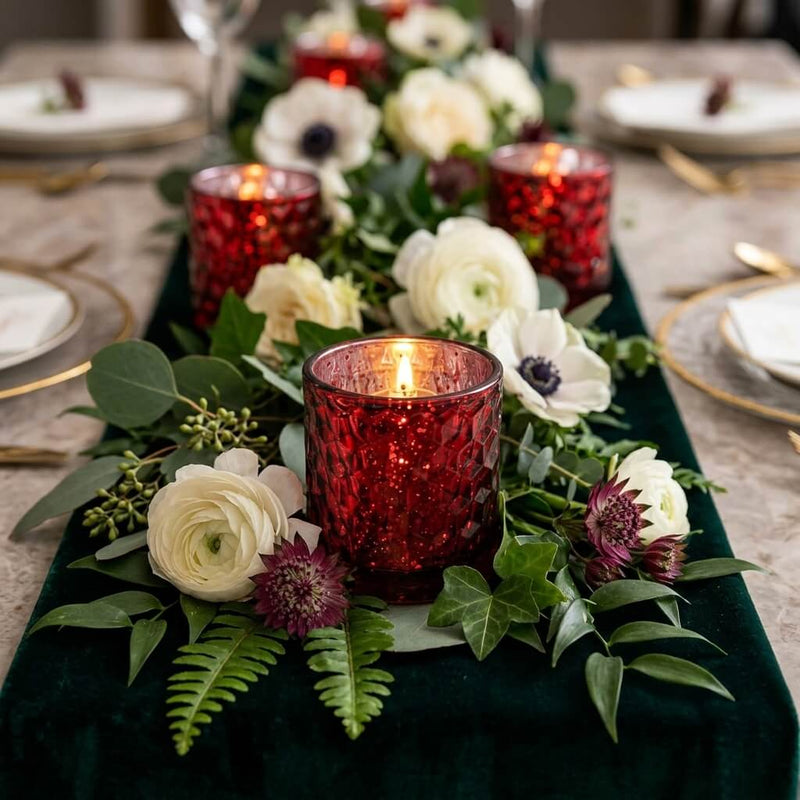 Red honeycomb votive holders on floral table centerpiece with glowing candles - thumbnail number 4