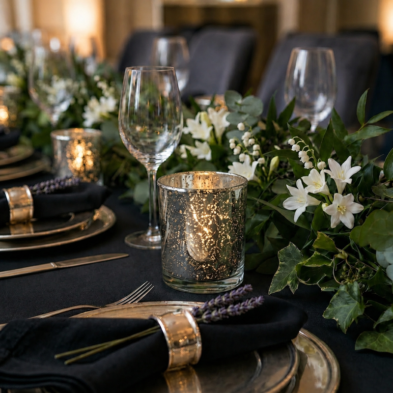 Elegant black table setting with white flowers, greenery, and glowing candle holders - thumbnail number 3