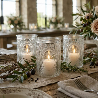 Three glass candle holders with glowing candles on rustic olive-themed dining table - thumbnail number 4