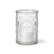 Clear embossed glass candle holder with vintage floral design on white background - thumbnail number 2
