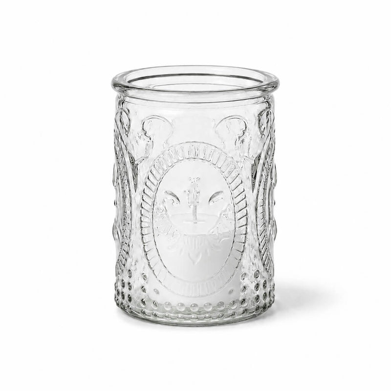 Clear embossed glass candle holder with vintage floral design on white background - thumbnail number 2