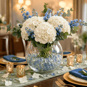 White hydrangeas and blue delphiniums in a bubble glass vase  - thumbnail number 4