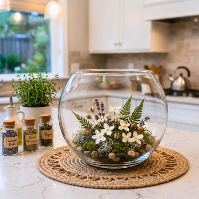 Terrarium with flowers, ferns, and moss in a bubble glass vase - thumbnail number 7