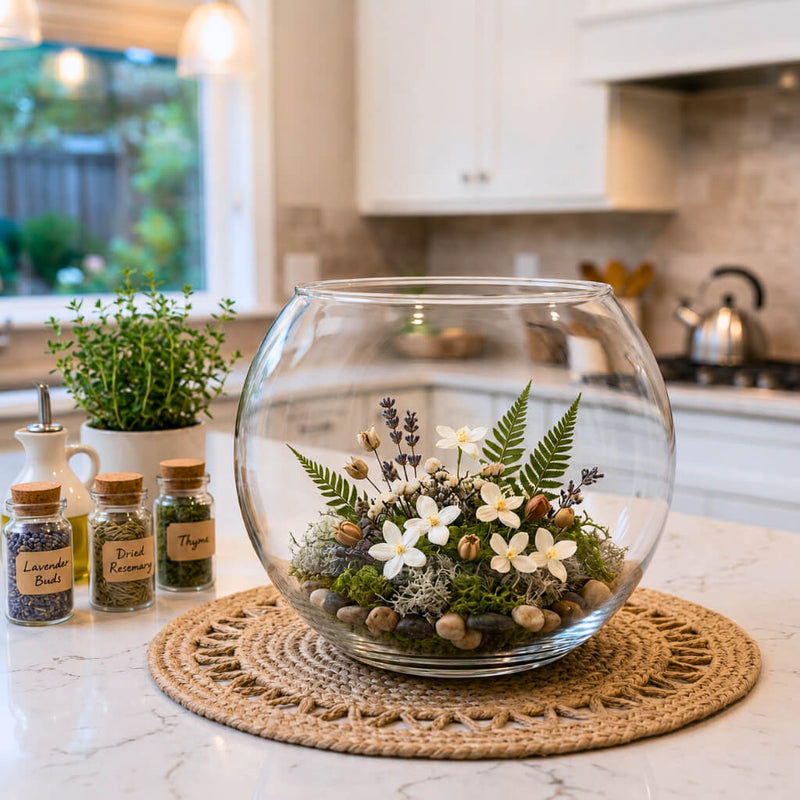 Terrarium with flowers, ferns, and moss in a bubble glass vase - thumbnail number 7