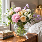 Floral bouquet in a bubble glass vase next to books - thumbnail number 8