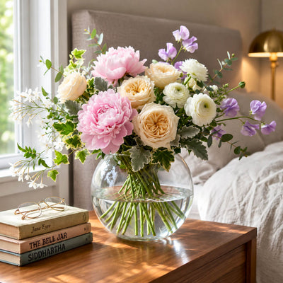 Floral bouquet in a bubble glass vase next to books - thumbnail number 8