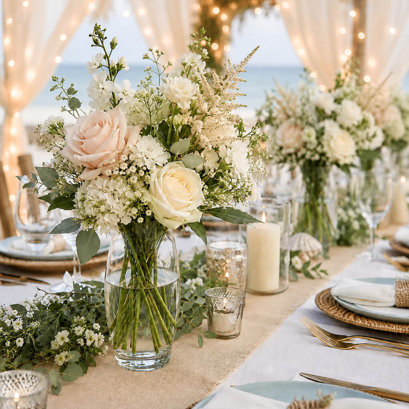 Clear glass vase filled with a lush bouquet of white roses and greenery on a beach wedding table - thumbnail number 6