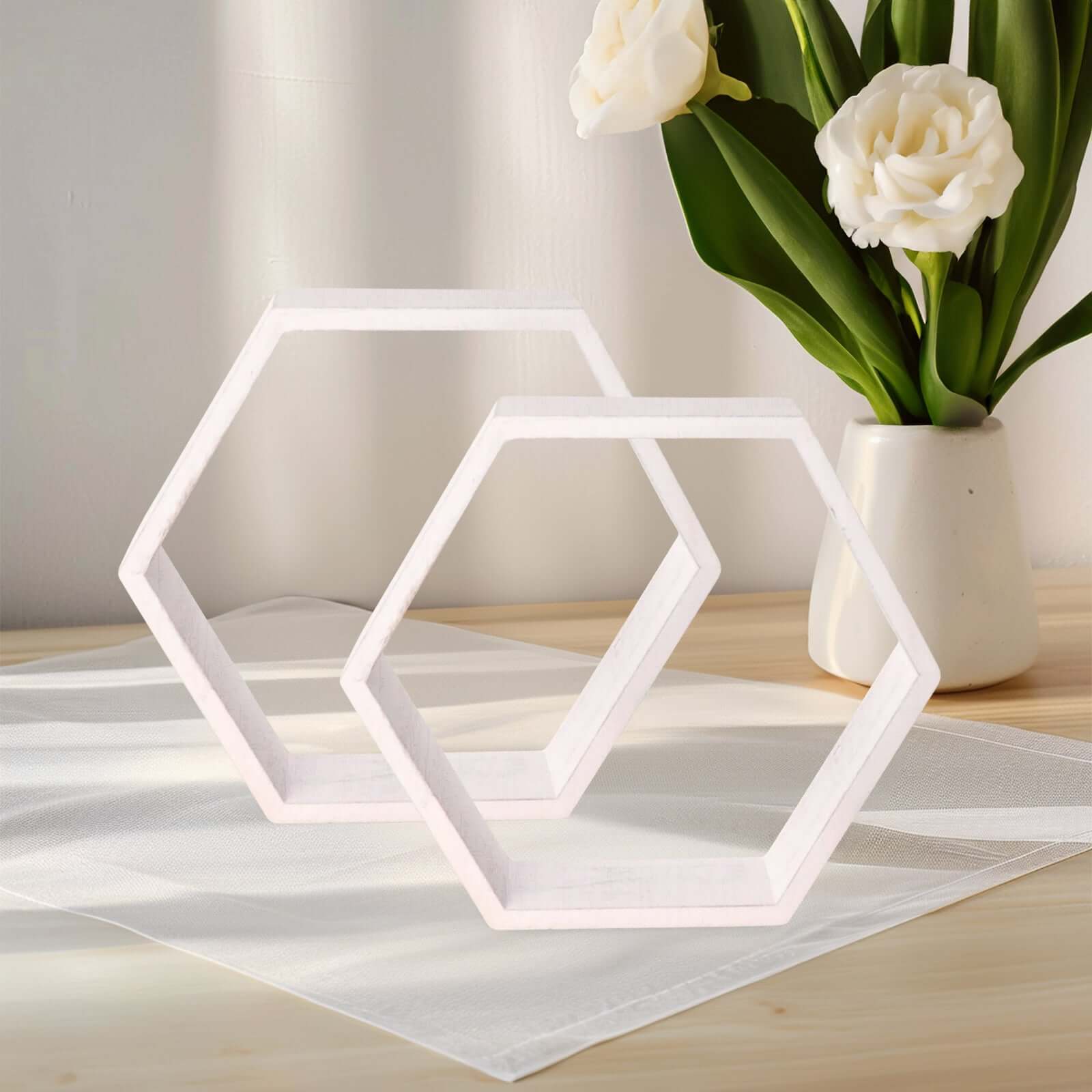 Whitewashed Wood Hexagon Display 9" – Set of 2 Geometric Terrarium Honeycomb Centerpieces