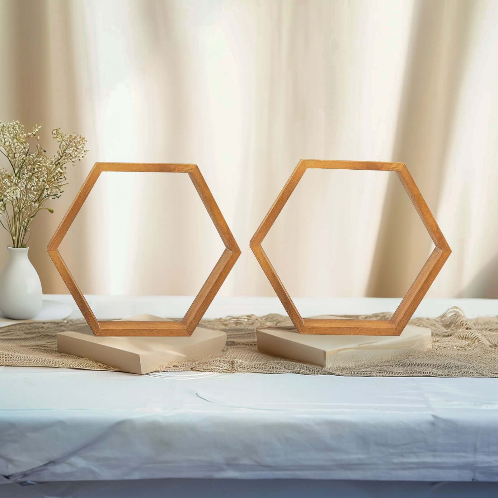 Rustic Wood Hexagon Display 9" – Set of 2 Natural Geometric Terrarium Honeycomb Centerpieces