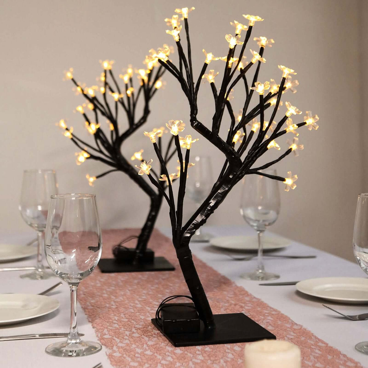 Set of 2 Black Artificial Tree Centerpieces – Cherry Blossom Design with 36 Warm White LED Battery Lights