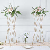 Set of 2 Gold Metal Pedestal Stands – 32" Open Column Wedding Centerpieces with Geometric Crisscross Design - thumbnail number 2