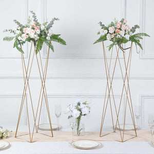 Set of 2 Gold Metal Pedestal Stands – 32" Open Column Wedding Centerpieces with Geometric Crisscross Design