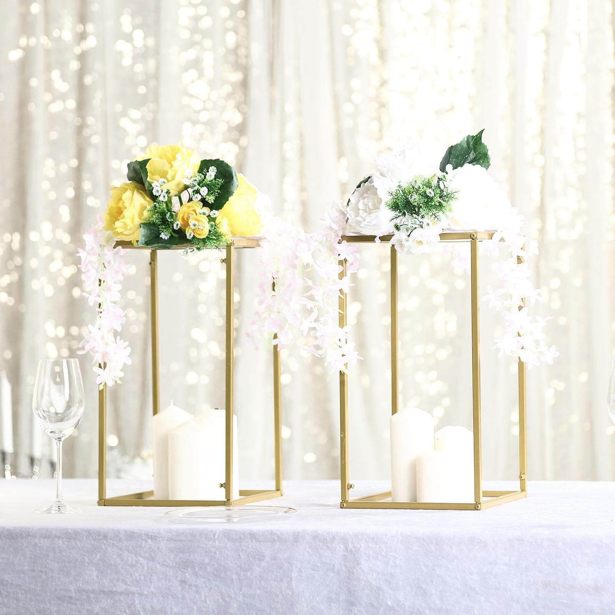 16" Gold Rectangular Metal Flower Stands – 2-Pack Geometric Column Frames for Wedding Arrangements