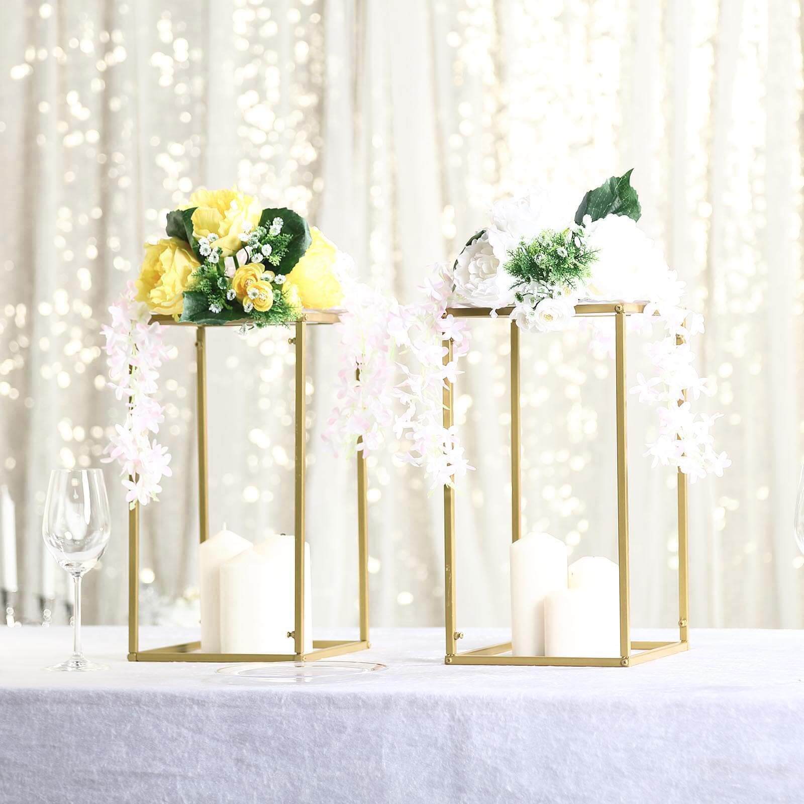 16" Gold Rectangular Metal Flower Stands – 2-Pack Geometric Column Frames for Wedding Arrangements