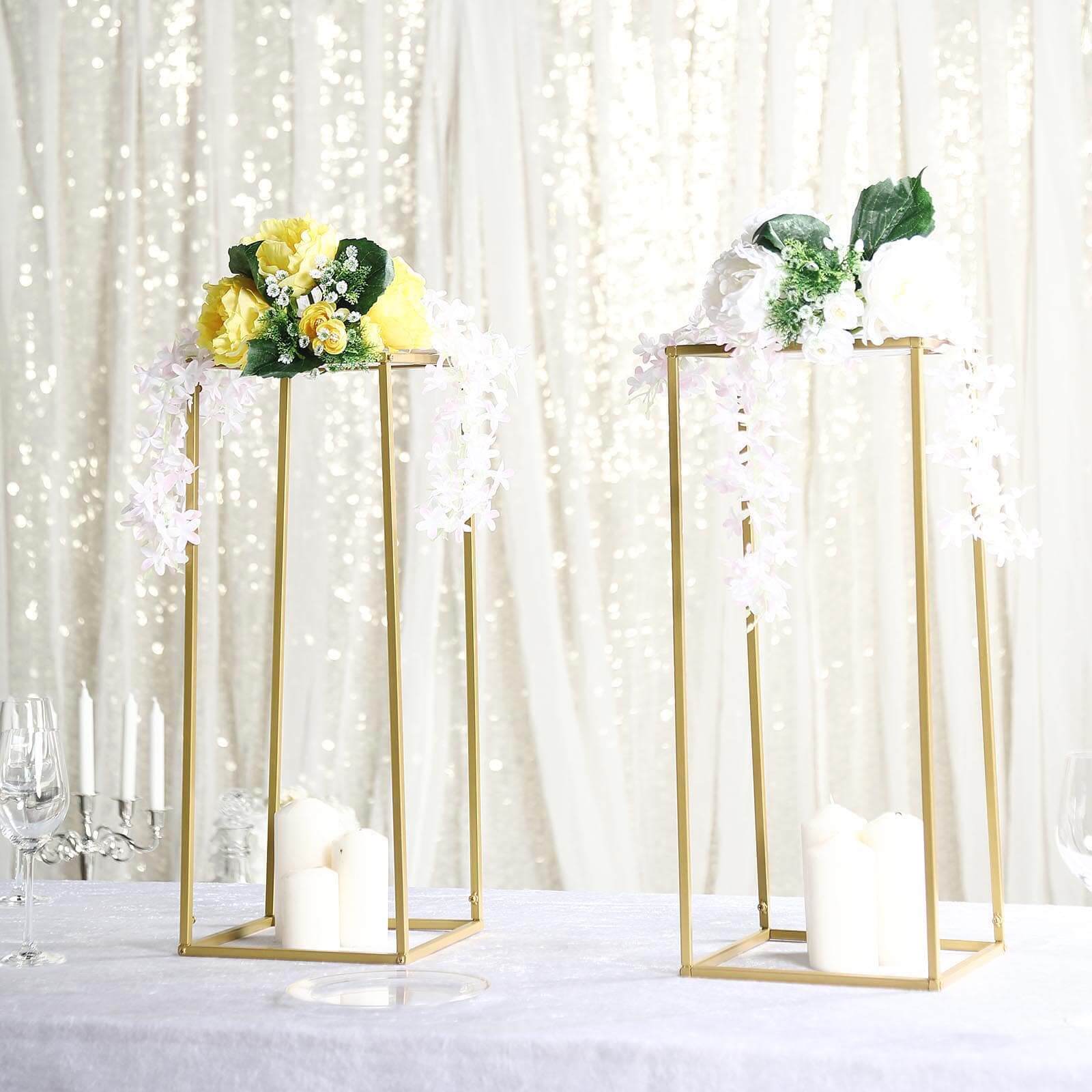 24" Gold Rectangular Metal Flower Stands – 2-Pack Geometric Column Frames for Stylish Flower Displays