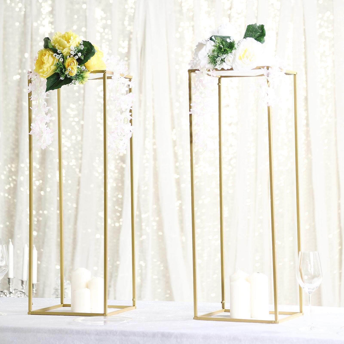 32" Gold Rectangular Metal Flower Stands – 2-Pack Geometric Column Frames for Stylish Flower Displays