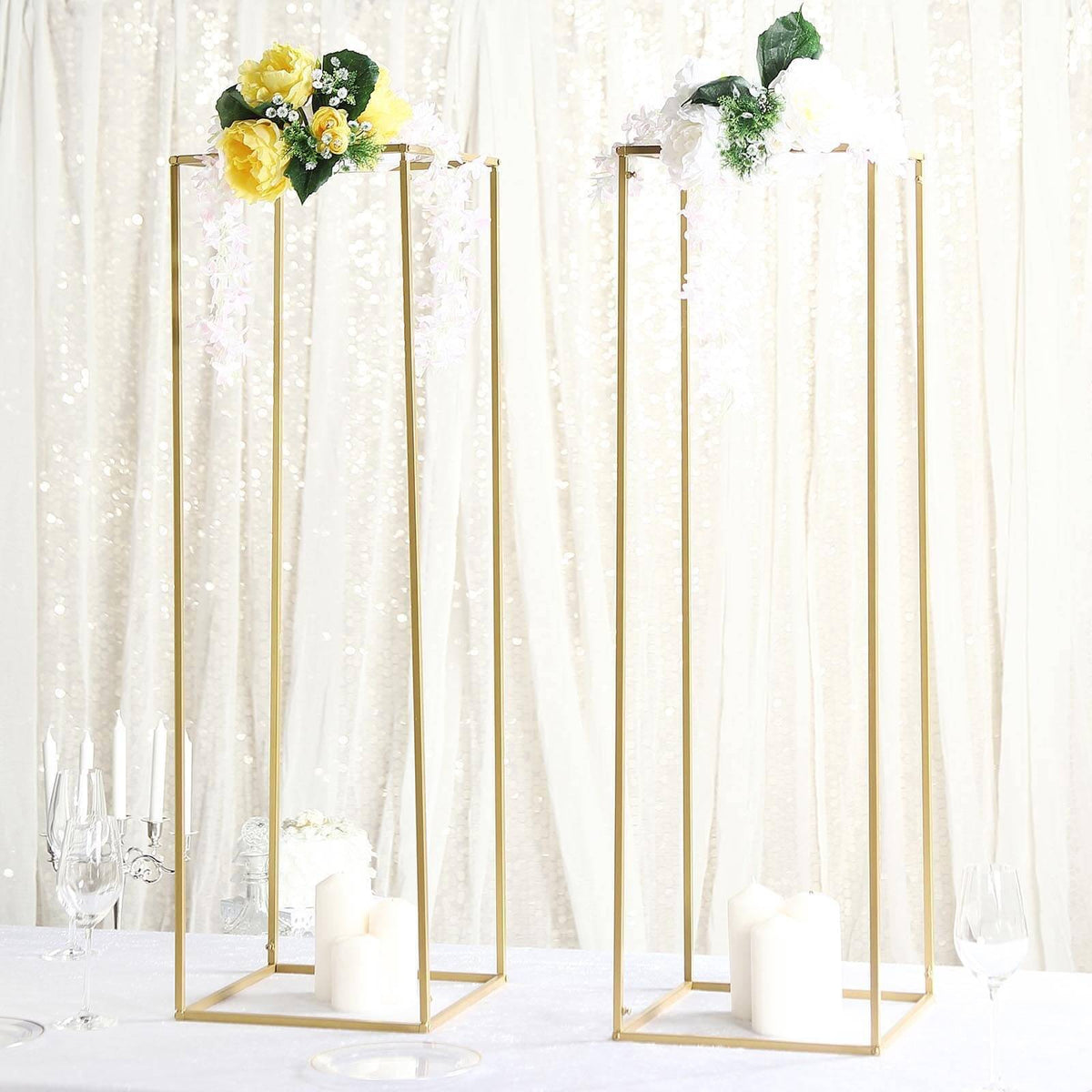 40" Gold Rectangular Metal Flower Stands – 2-Pack Geometric Column Frames for Stylish Flower Displays