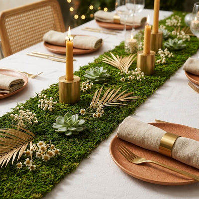Preserved natural moss roll sheeting styled as a table runner - thumbnail number 4