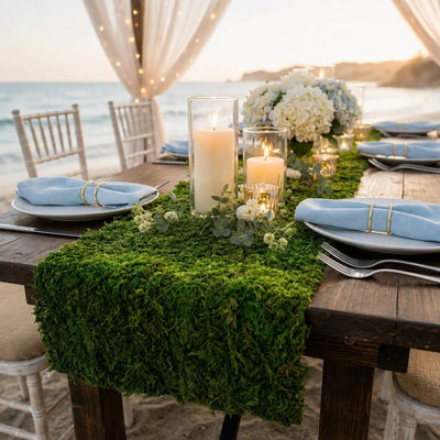 Preserved natural moss roll sheeting on a beach wedding table - thumbnail number 7