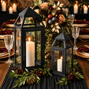 Two black metal lanterns with lit candles as a elegant wedding table centerpiece - thumbnail number 5