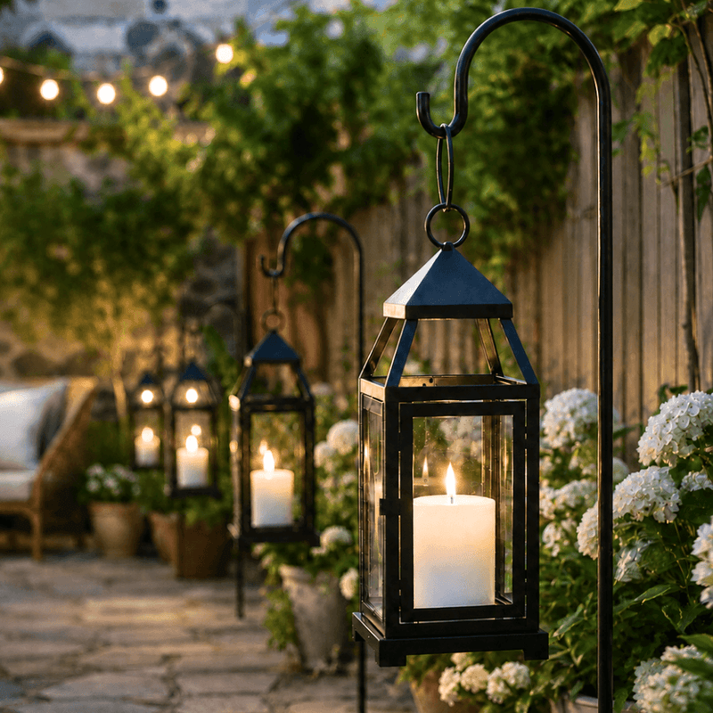 Black metal lanterns with candles hanging on shepherd hooks in a garden setting - thumbnail number 7