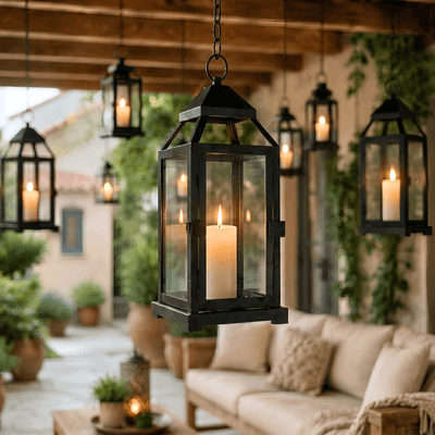 Black metal lanterns with lit candles hanging from a covered patio ceiling - thumbnail number 2