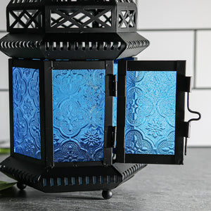 Richland Hanging Moroccan Metal Lantern with Blue Embossed Glass