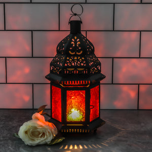 Richland Hanging Moroccan Metal Lantern with Red Embossed Glas