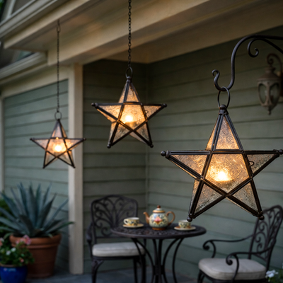 Richland Hanging Star Metal Tealight Lantern with Clear Embossed Glass - thumbnail number 6