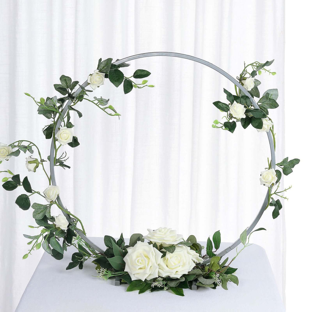 Silver Metal Hoop Wreath Centerpiece 24" – Round Arch Table Display for Weddings and Events