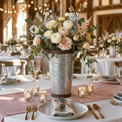 Two-tone French flower market bucket filled with pastel roses and blue delphinium on a table - thumbnail number 3