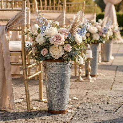 Two-tone French flower market bucket with floral arrangement beside chairs - thumbnail number 8