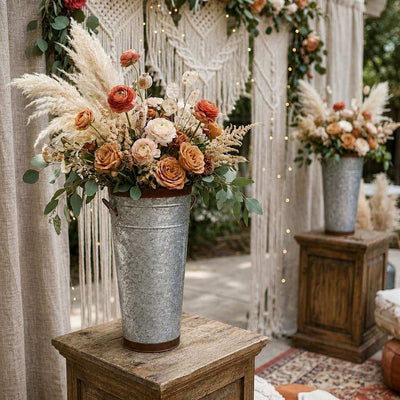 Two-tone French flower market bucket with pampas grass and rust-colored roses on a wooden stand - thumbnail number 5