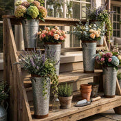 Two-tone French flower market buckets filled with various floral arrangements on a wooden display stand - thumbnail number 11