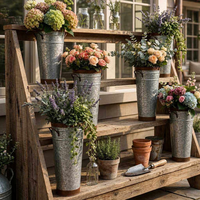 Two-tone French flower market buckets filled with various floral arrangements on a wooden display stand - thumbnail number 11