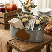 Weathered metal gray caddy holding napkins, silverware, and flowers - thumbnail number 4