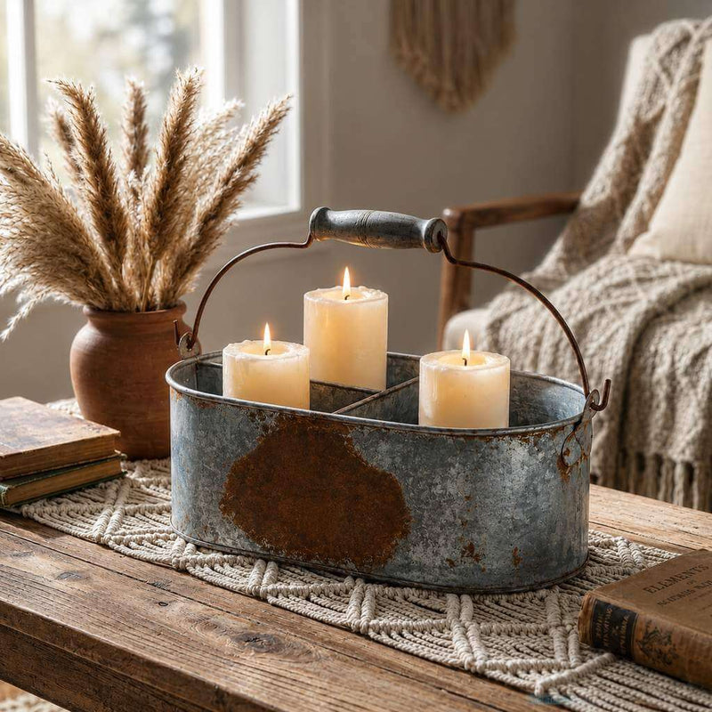 Weathered metal gray caddy holding three lit pillar candles on a rustic table - thumbnail number 6