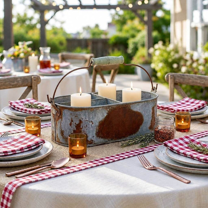 Weathered metal gray caddy holding candles as an outdoor patio centerpiece - thumbnail number 7