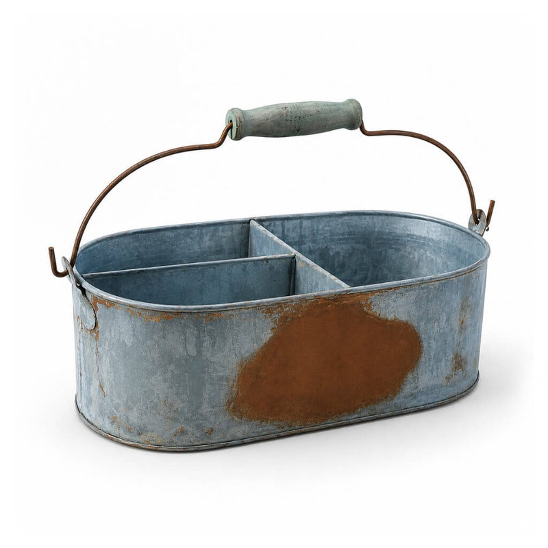 Weathered metal gray caddy with divided compartments and a handle - thumbnail number 1