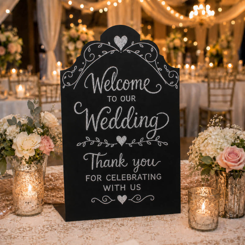 Elegant standing metal chalkboard 9" x 14" with wedding sign on event table - thumbnail number 2