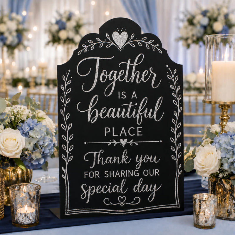 Elegant standing metal chalkboard 9" x 14" with wedding message on event table - thumbnail number 3