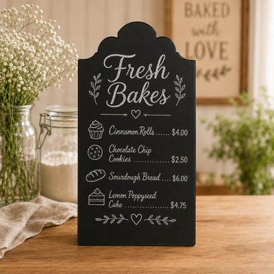 Elegant standing metal chalkboard 9" x 14" with fresh bakes menu on a kitchen counter - thumbnail number 5