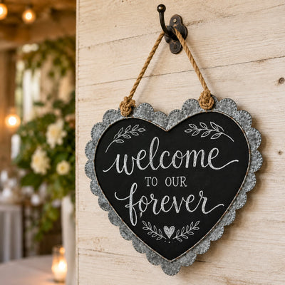 Scallop edge zinc frame heart chalkboard with Welcome to our forever text - thumbnail number 4