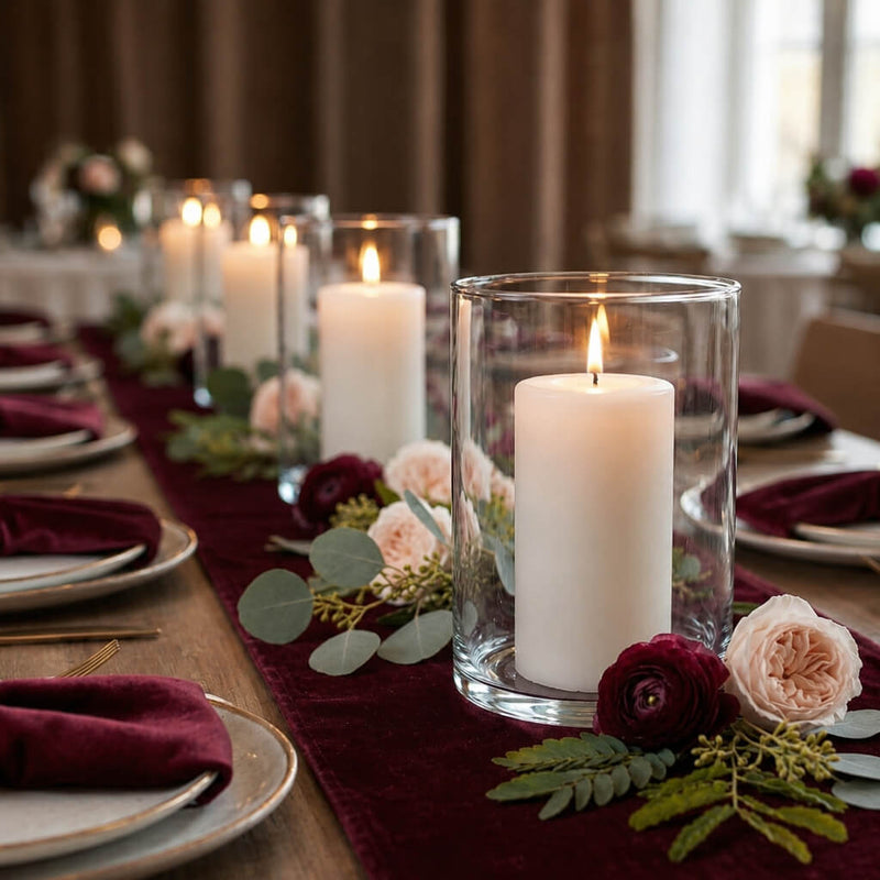 Lit white pillar candles in Wide Cylinder Vases lined down a luxurious burgundy table runner - thumbnail number 5