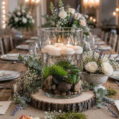 Floating white candles over submerged stones and succulents in a glass cylinder vase centerpiecemnd - thumbnail number 5