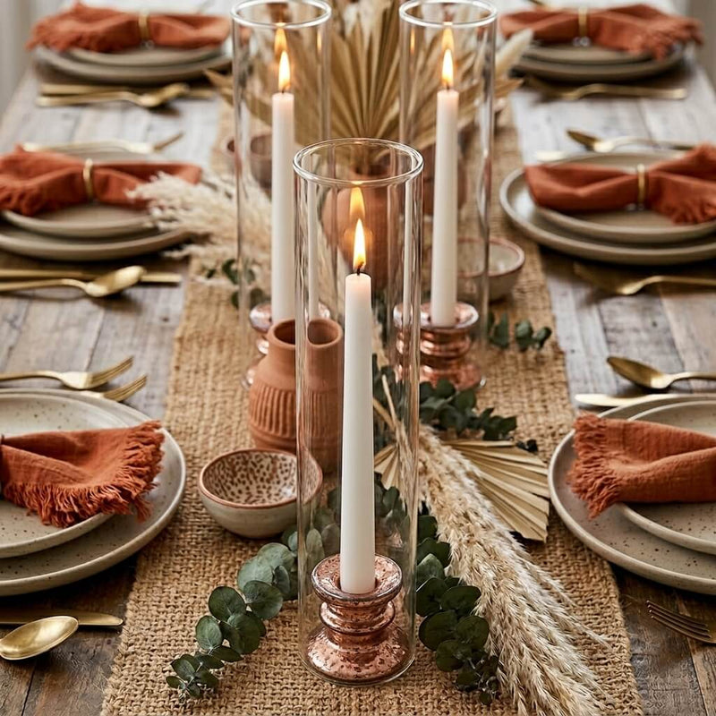 Glass Chimney Candle Shade 2.5" x 12" tubes on a rustic, earth-toned wedding reception table - thumbnail number 4
