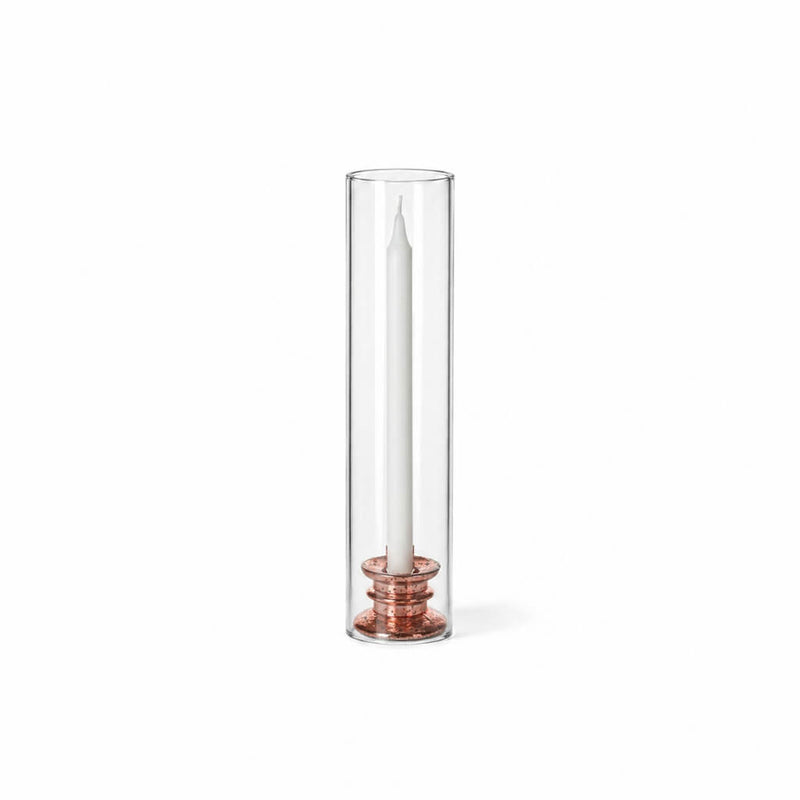 Glass Chimney Candle Shade 2.5" x 12" open tube over an unlit taper candle on a white backdrop - thumbnail number 2