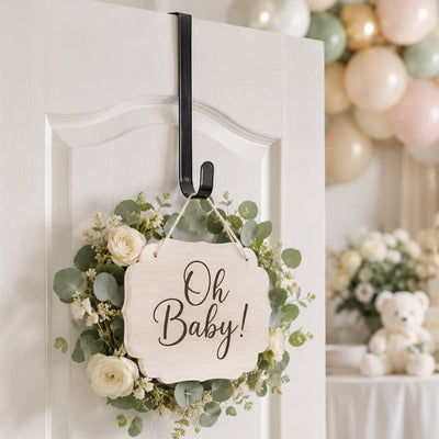 Black metal over-the-door hook holding an Oh Baby floral sign - thumbnail number 4