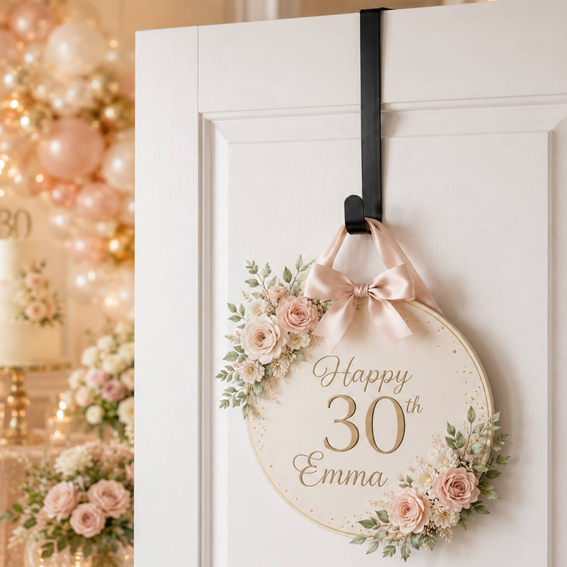 Black metal over-the-door hook holding a Happy 30th Emma floral sign - thumbnail number 5